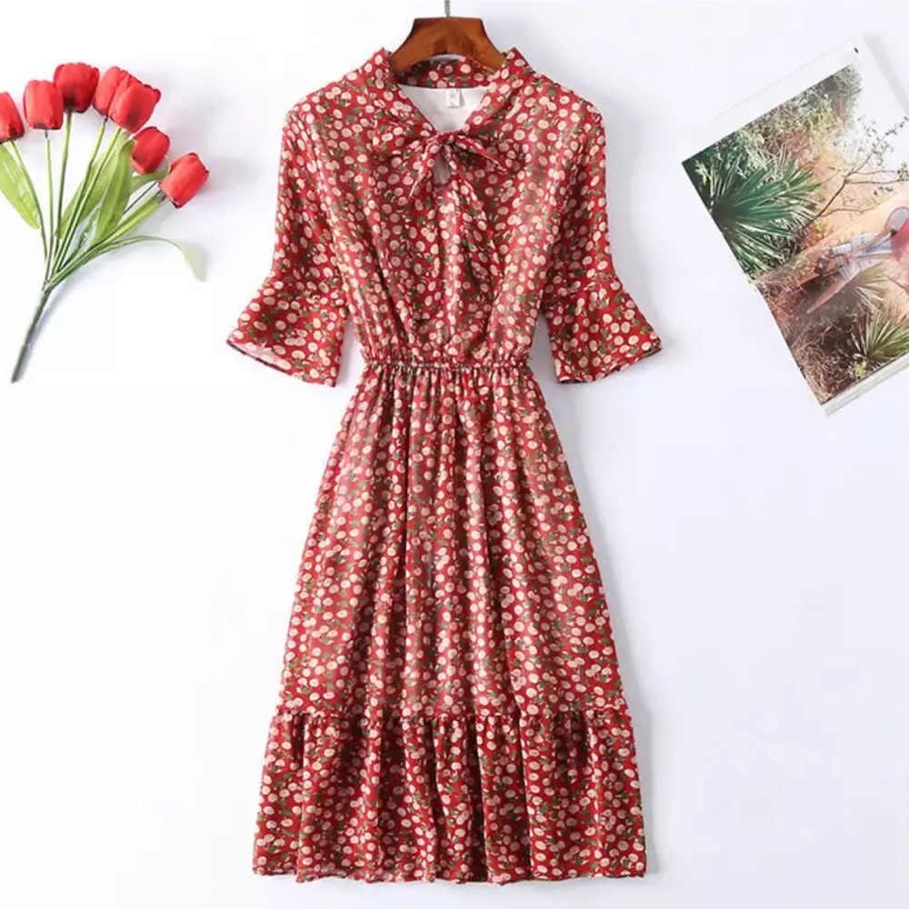 🔥SALE🔥 Autumn Red Midi Ruffled Flowy Dress